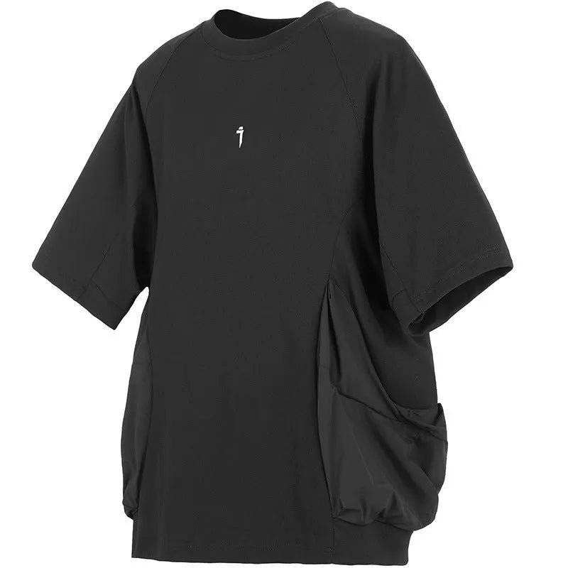 Men's loose grey cotton t-shirt with large front pockets and short sleeves