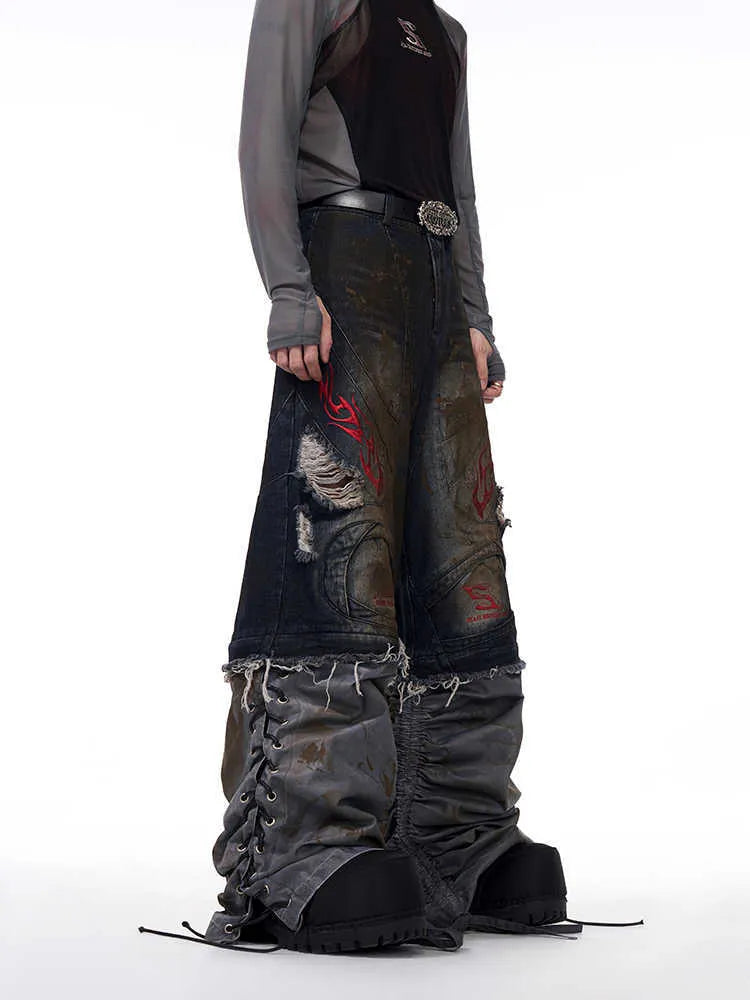 Men's retro jeans with detachable trouser legs in wide-leg loose-fit design