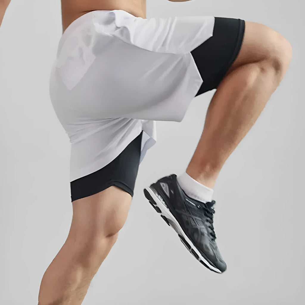 Men's black double-layer sport shorts with cotton blend fabric and milk silk lining
