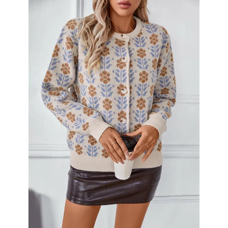 Ladies flower jacquard cardigan sweater coat in apricot or camel, loose fit, sizes S to XL