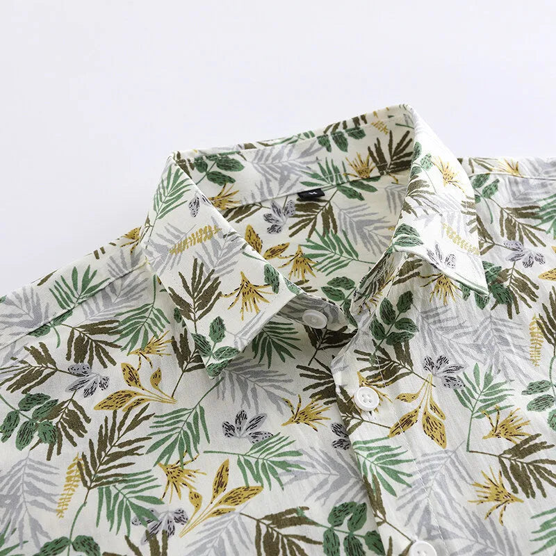 Men's Hawaiian-style floral cotton short sleeve shirt in cardigan design with open front