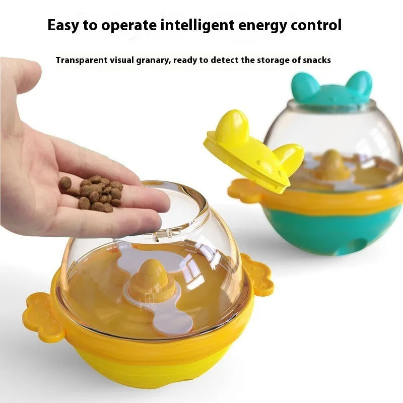 Yellow lake blue TPR dog food tumbler toy measuring 11.2 x 13.9 x 12.2 cm