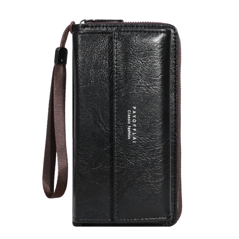 Men's black or brown PU long wallet with multiple card slots measuring 19x10.5x4cm