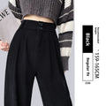 High waist wide leg suit pants in black polyester, straight drooping drape, spring autumn trouser.
