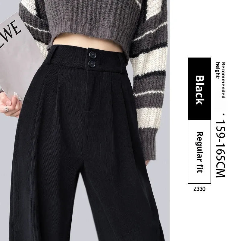 High waist wide leg suit pants in black polyester, straight drooping drape, spring autumn trouser.