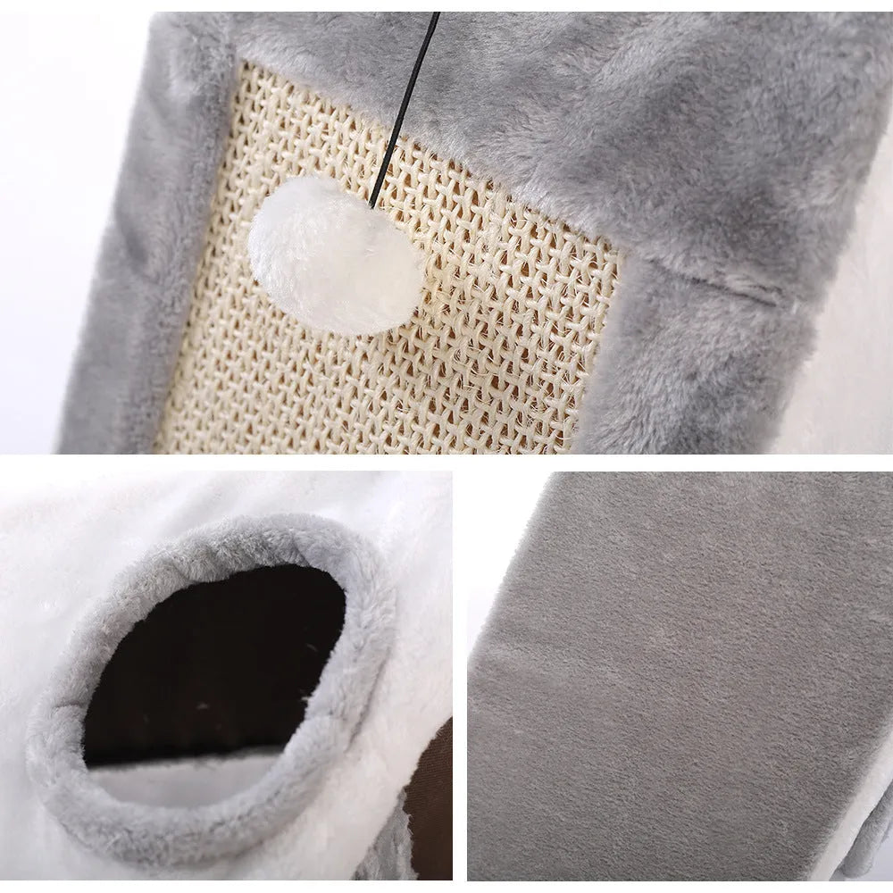 Triangular cat bed with integrated sisal scratching post in grey-white and light brown-beige colour options