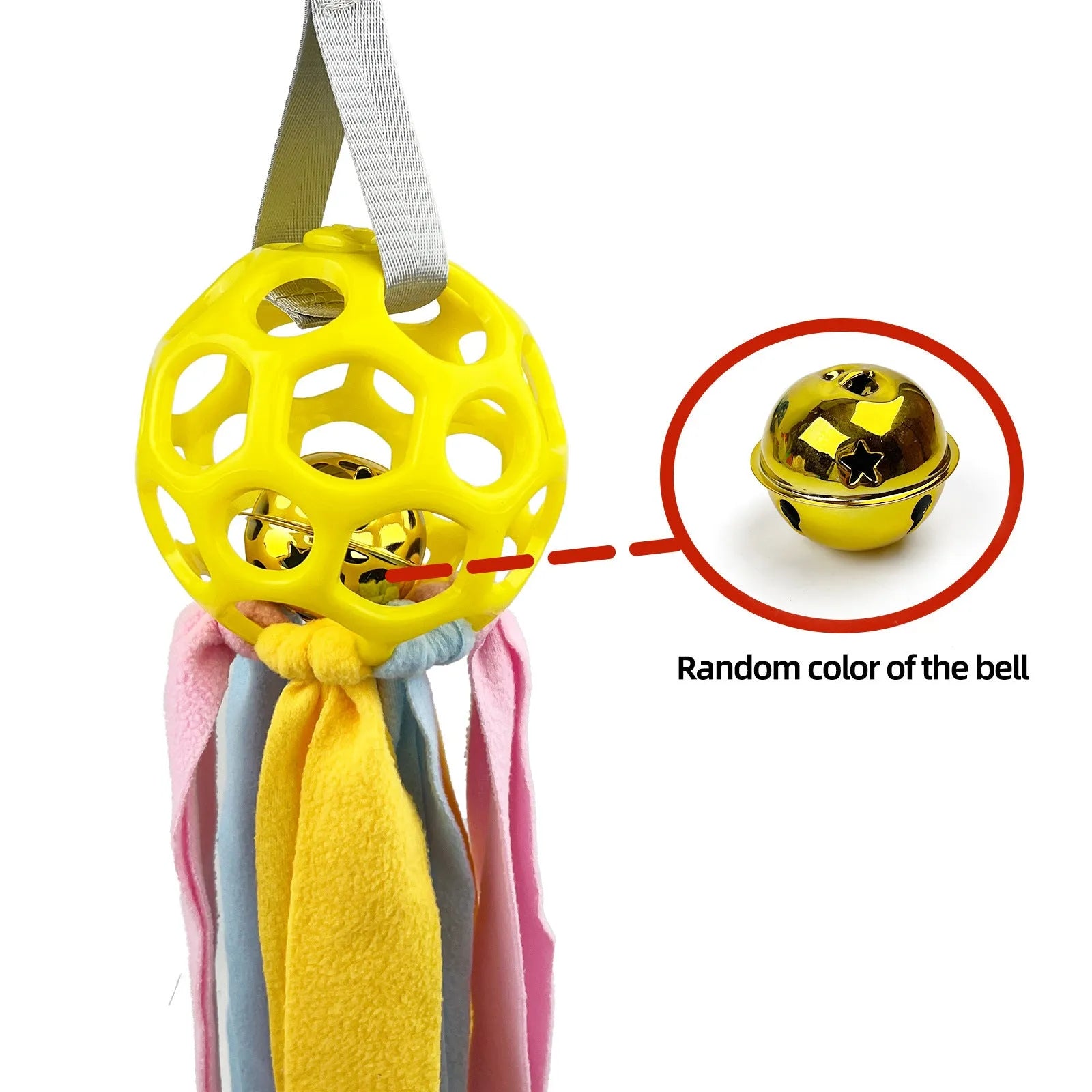 Interactive hollow TPR pet toy ball with sound bells in five colour options