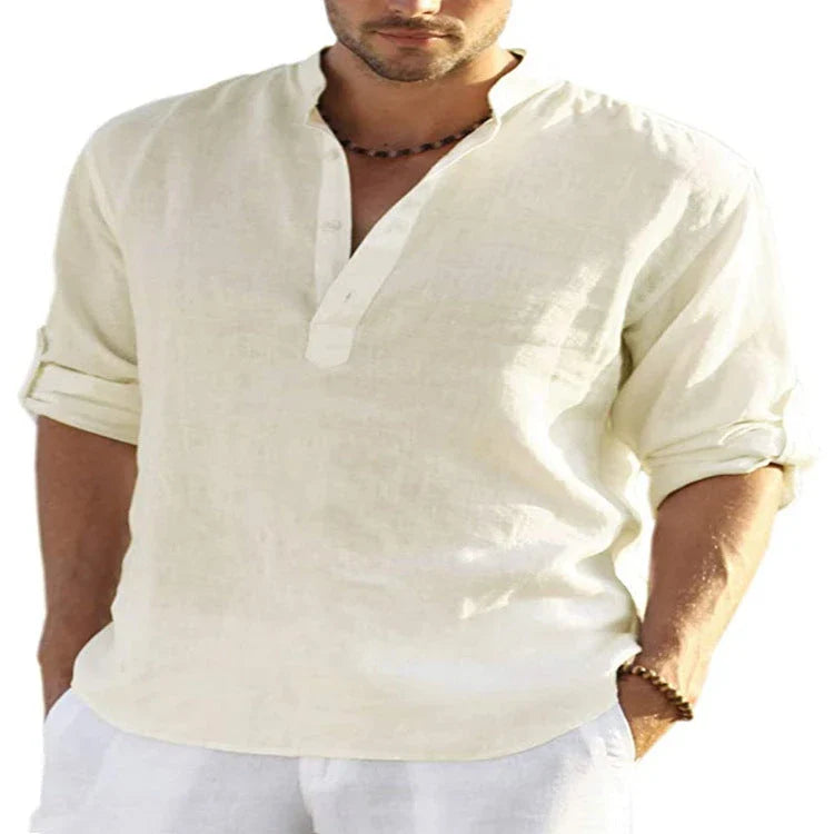 Stylish casual cotton and linen men's shirt with stand collar in various colors