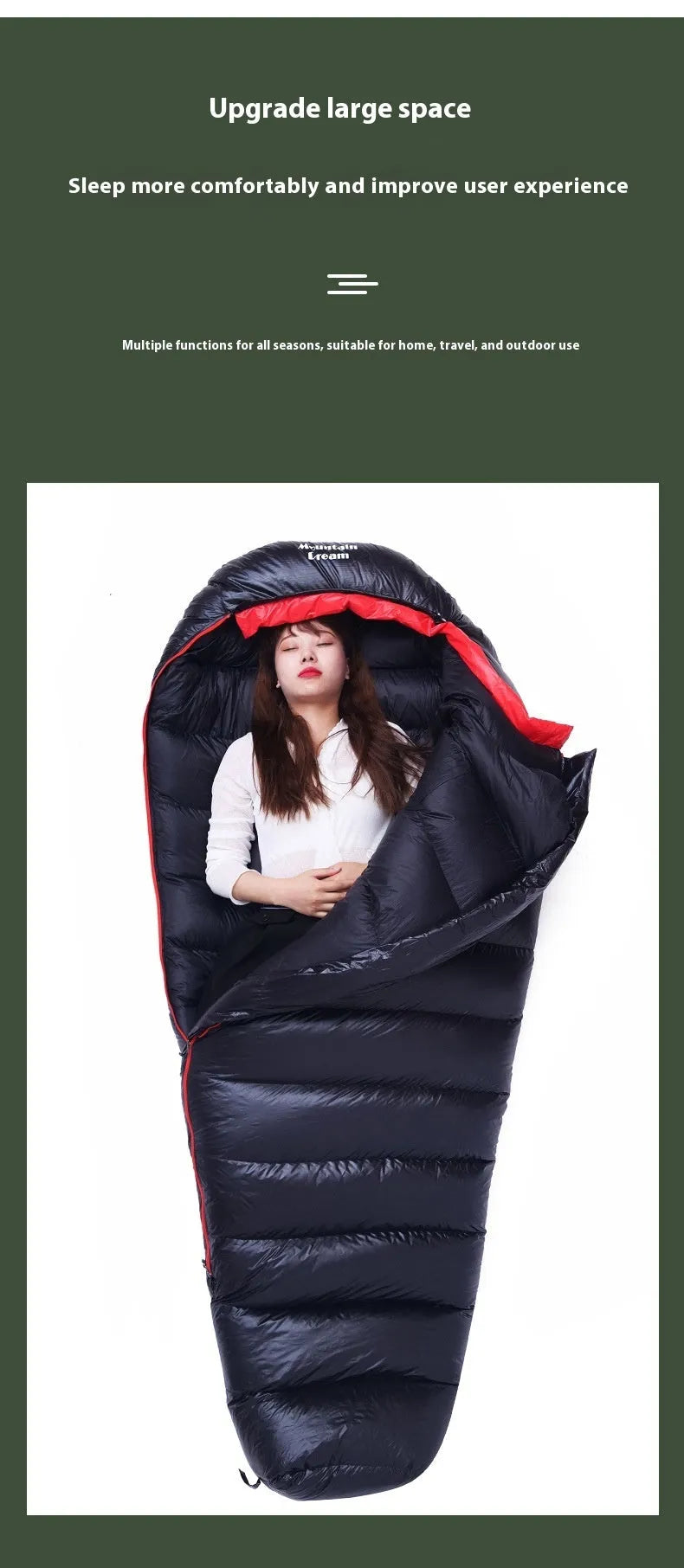 Ultralight mummy-style sleeping bag in army green colour with white duck down filling and 400T nylon fabric.