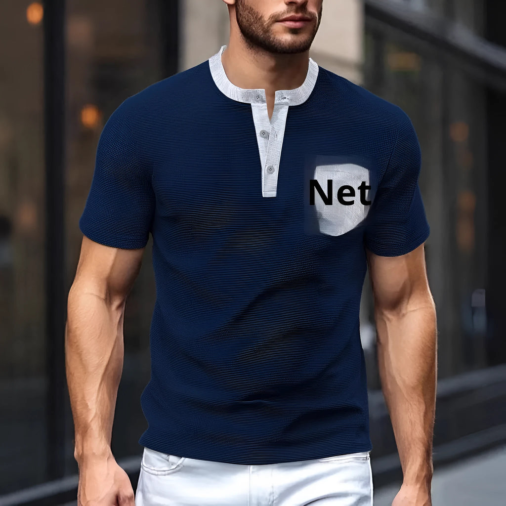 Men's colour-blocked short sleeve waffle knit henley shirt in loose fit, available in six colours including white and navy