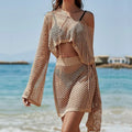 Women's khaki bell sleeve vacation suit with hollow out design showing top and skirt