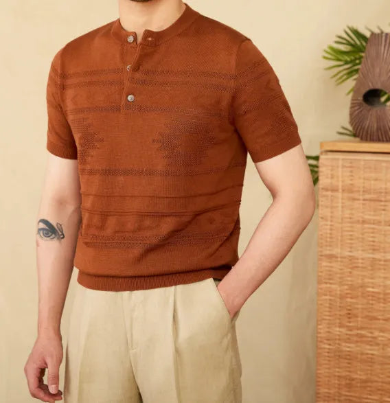 Knitted Henley shirt American retro slim-fit short sleeve in denim blue, cotton Lyocell blend