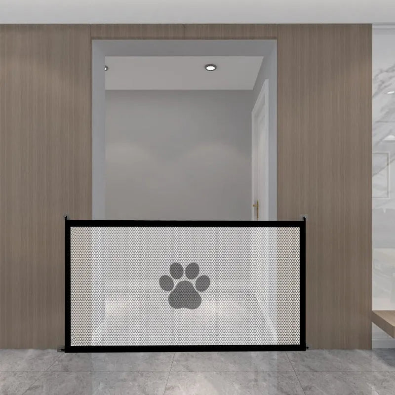 Portable folding cloth dog barrier net with plastic rod doorsill in black or white dog footprint design.