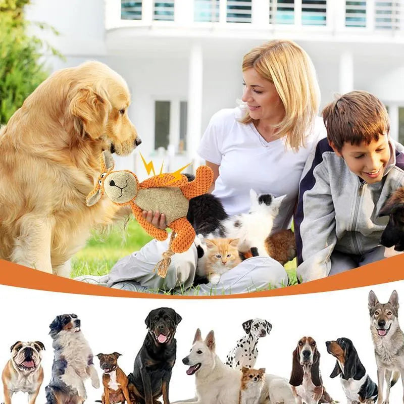Soft plush dog chew toy in animal shape with internal squeaker for teeth cleaning and play.