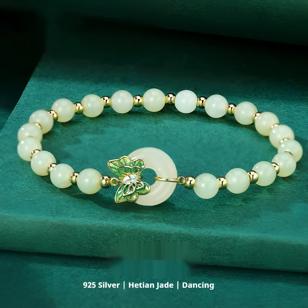 Cyan Hetian jade bracelet with silver-inlaid butterfly design and 6mm beads