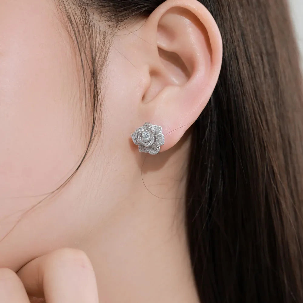 S925 sterling silver stud earrings with rose zircon inlay, flower and geometric shape, platinum or rose gold finish