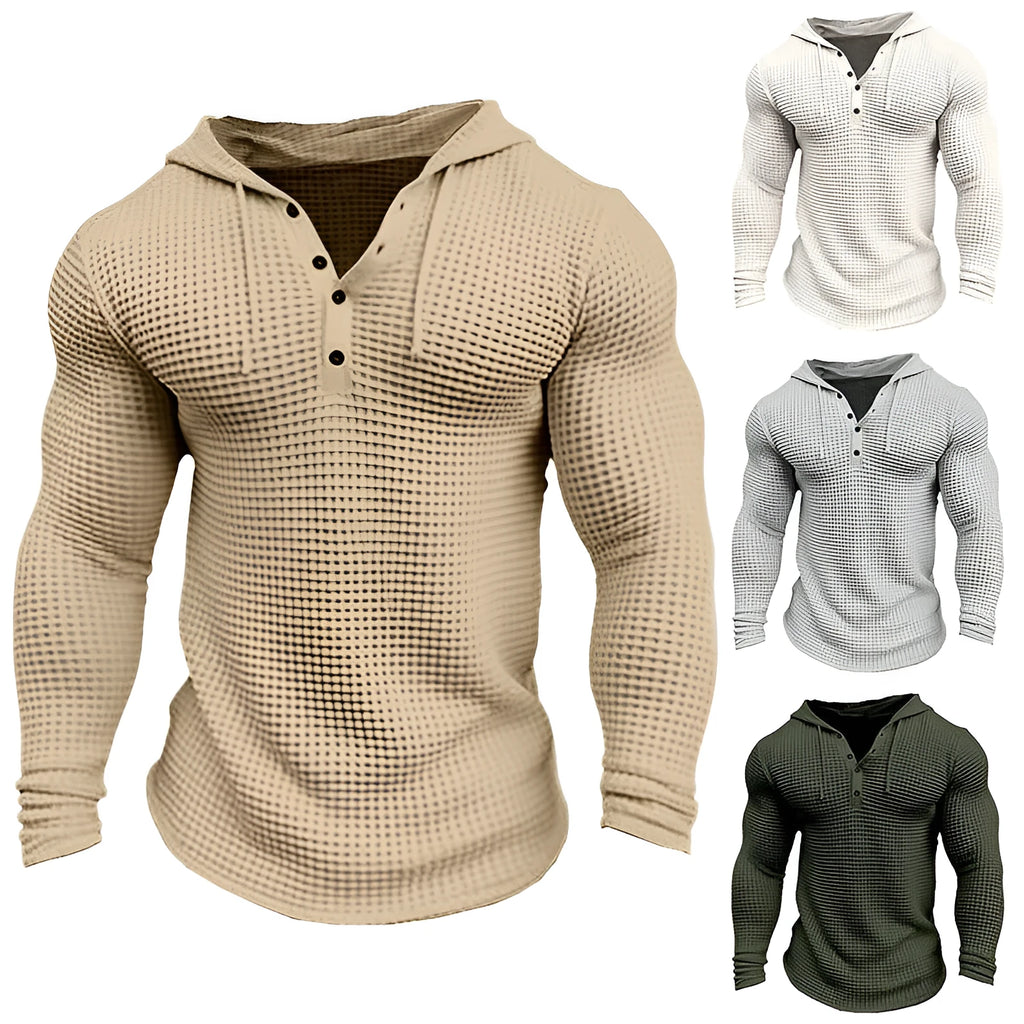 Men's pullover casual long sleeve waffle t-shirt in solid colour with hood, slim fit, front view