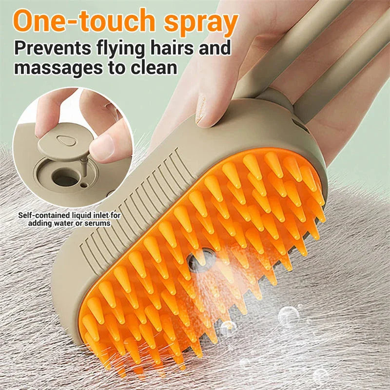 Versatile pet grooming brush with steam and spray function, made with premium ABS and silicone materials for gentle and effective pet hair care