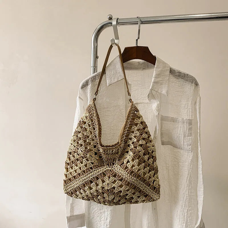 Handmade paper straw woven shoulder bag with hollow contrast colour weave and polyester lining in khaki beige or black khaki.