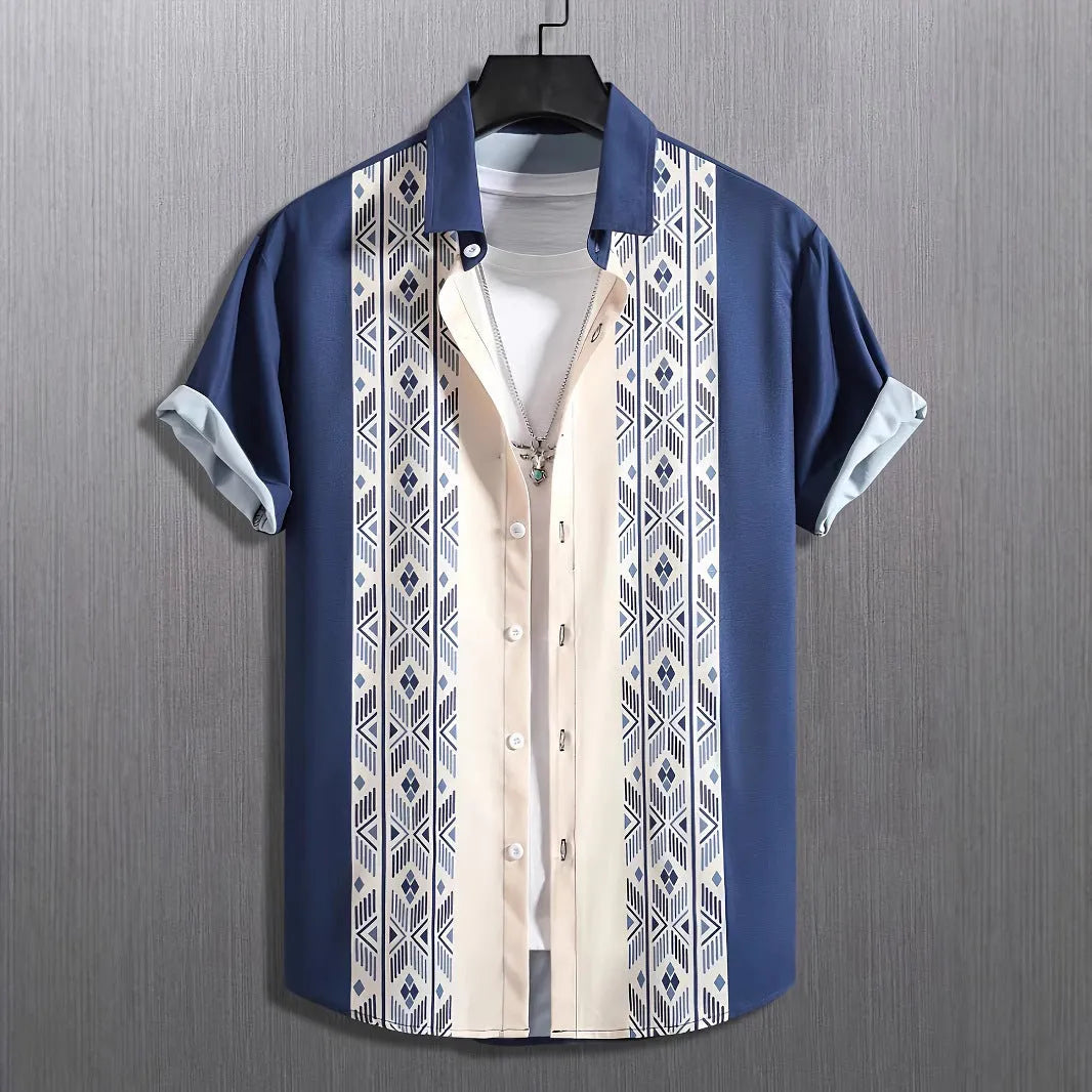 Men's plaid short-sleeved shirt with lapel cardigan style in polyester elastic fabric