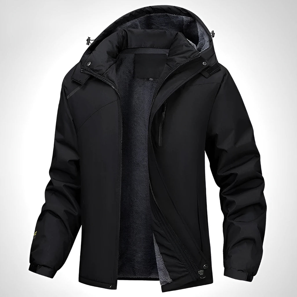 Men's waterproof loose fit hooded coat in plus sizes with army green, black, dark grey, and white colour options