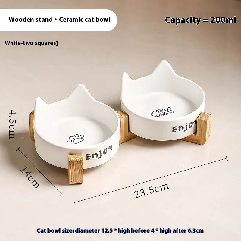 Porcelain cat bowl with cat ears rim and wooden anti-tumble frame in selected colour