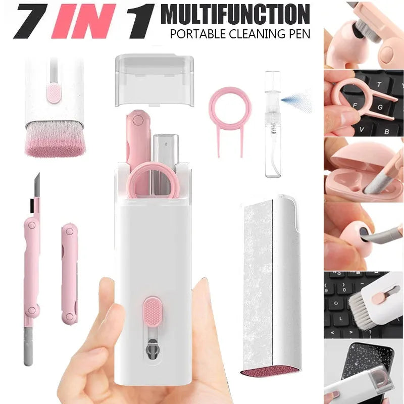 Multifunction electronics cleaning kit with foldable pen, spray bottle, brush, and keycap puller on a white background.