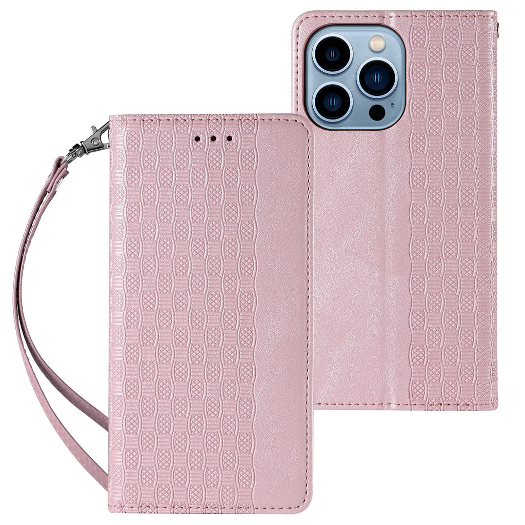 Embossed leather flip phone case in black for iPhone, showing front cover closed.
