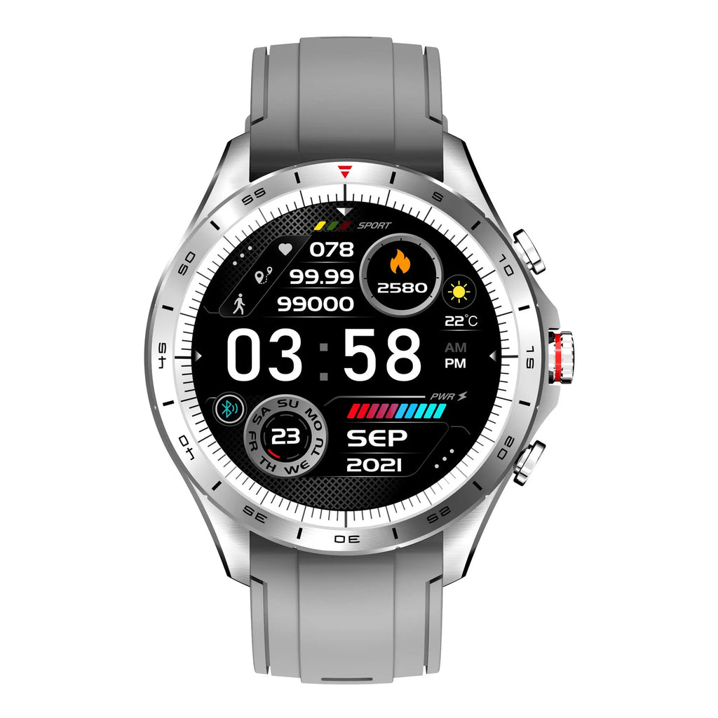Men's smart bracelet watch with zinc alloy case and black silicone wristband, showing touch screen display.