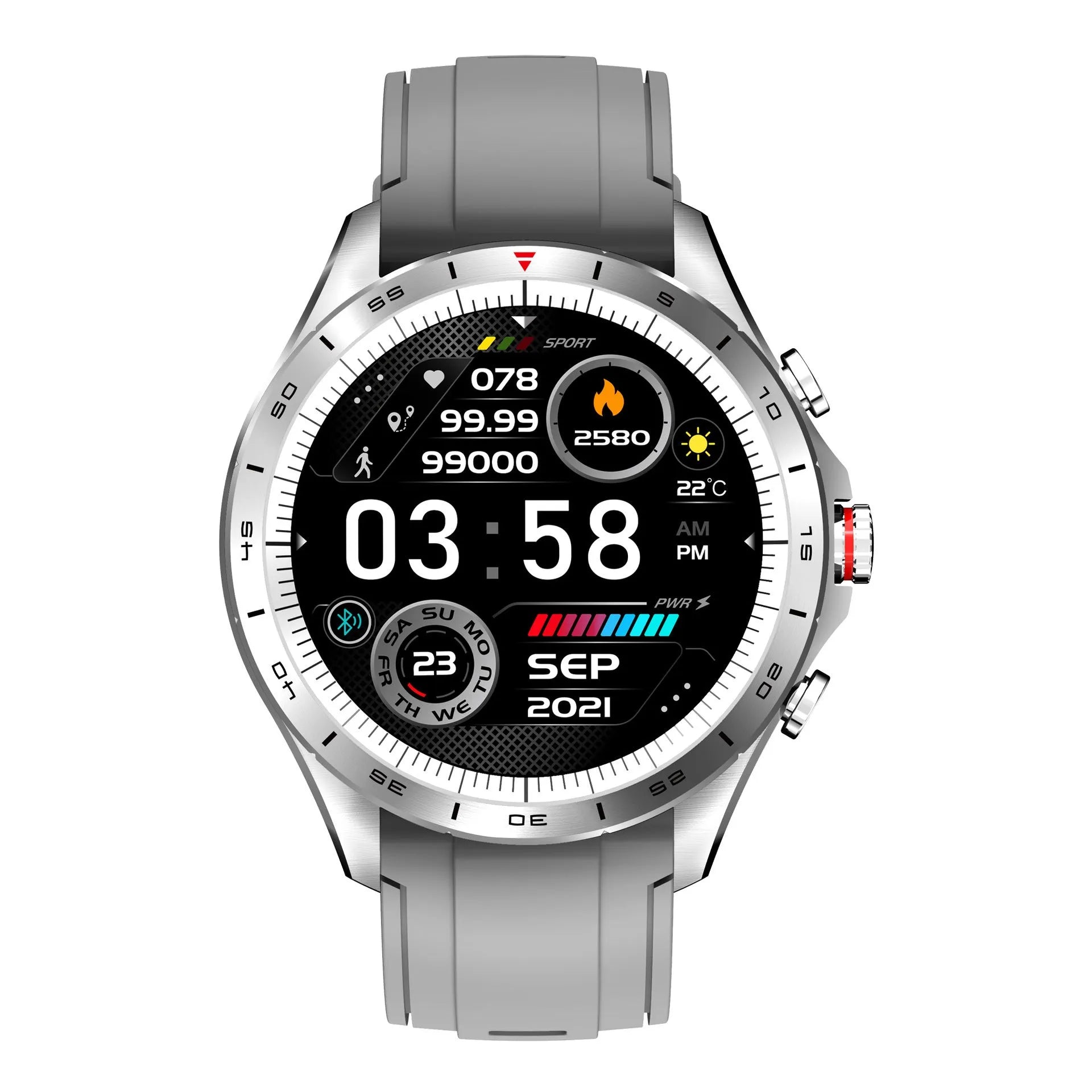 Men's smart bracelet watch with zinc alloy case and black silicone wristband, showing touch screen display.