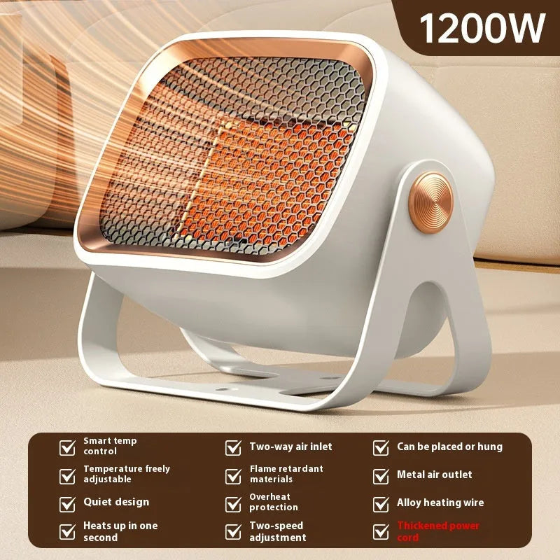 Compact desktop ceramic heater in white, khaki, or gray with rotating body and dual-speed controls