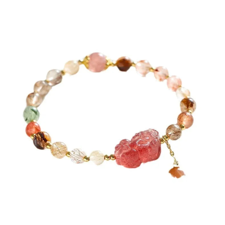 Strawberry quartz crystal bracelet with copper construction and pearl accents in dopamine crystal colour