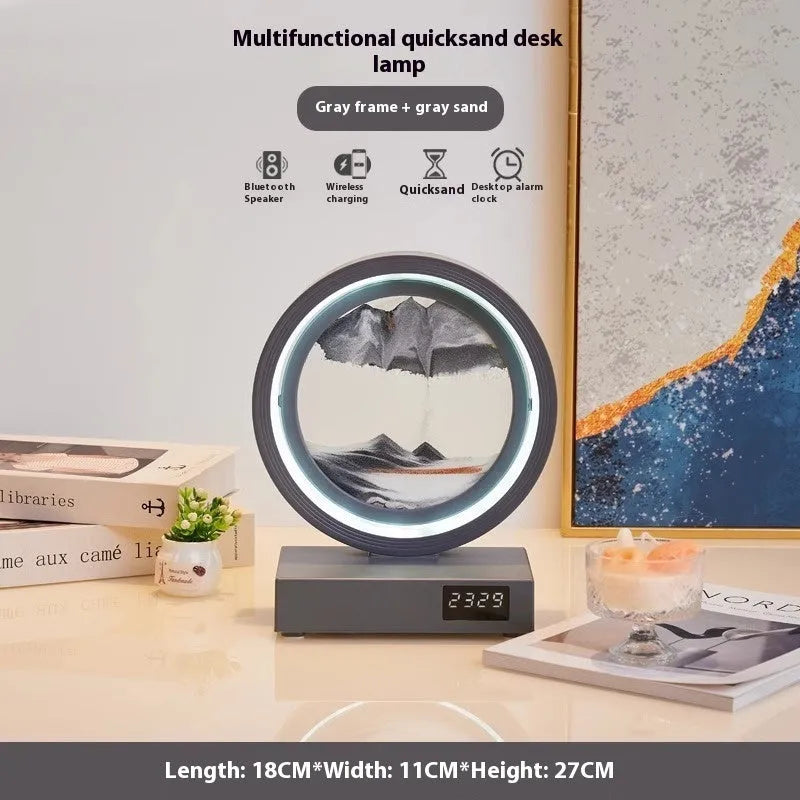 Quicksand painting clock with LED light, wireless charger, and speaker in a white frame