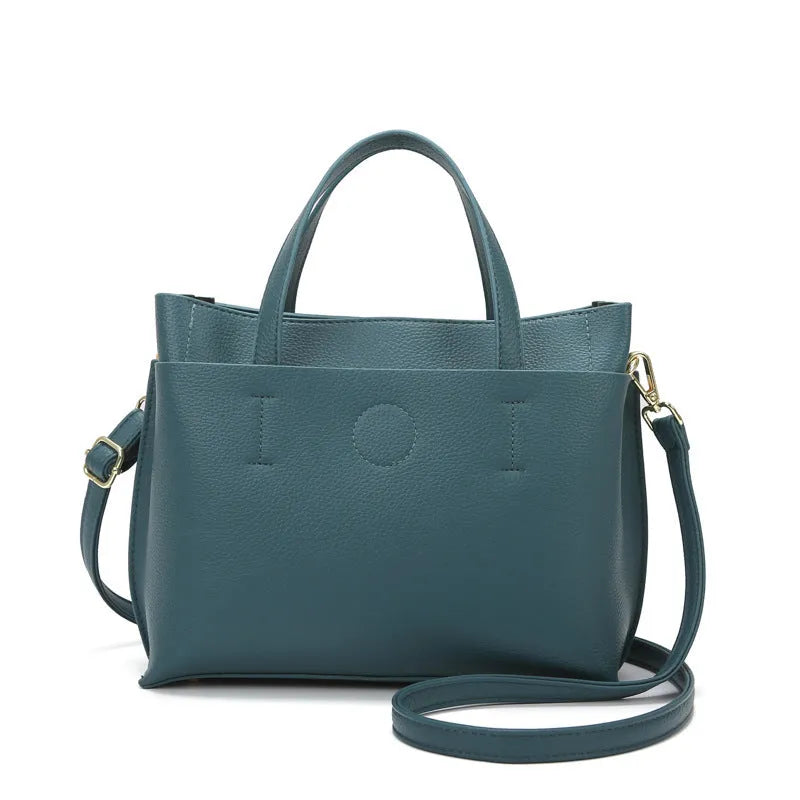 Large capacity multi-compartment soft surface PU tote bag in khaki with sewing thread details and single shoulder strap