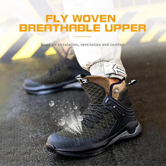 Rugged high-top work boots with steel toe protection, durable construction, and breathable design for all-day comfort on the job site.