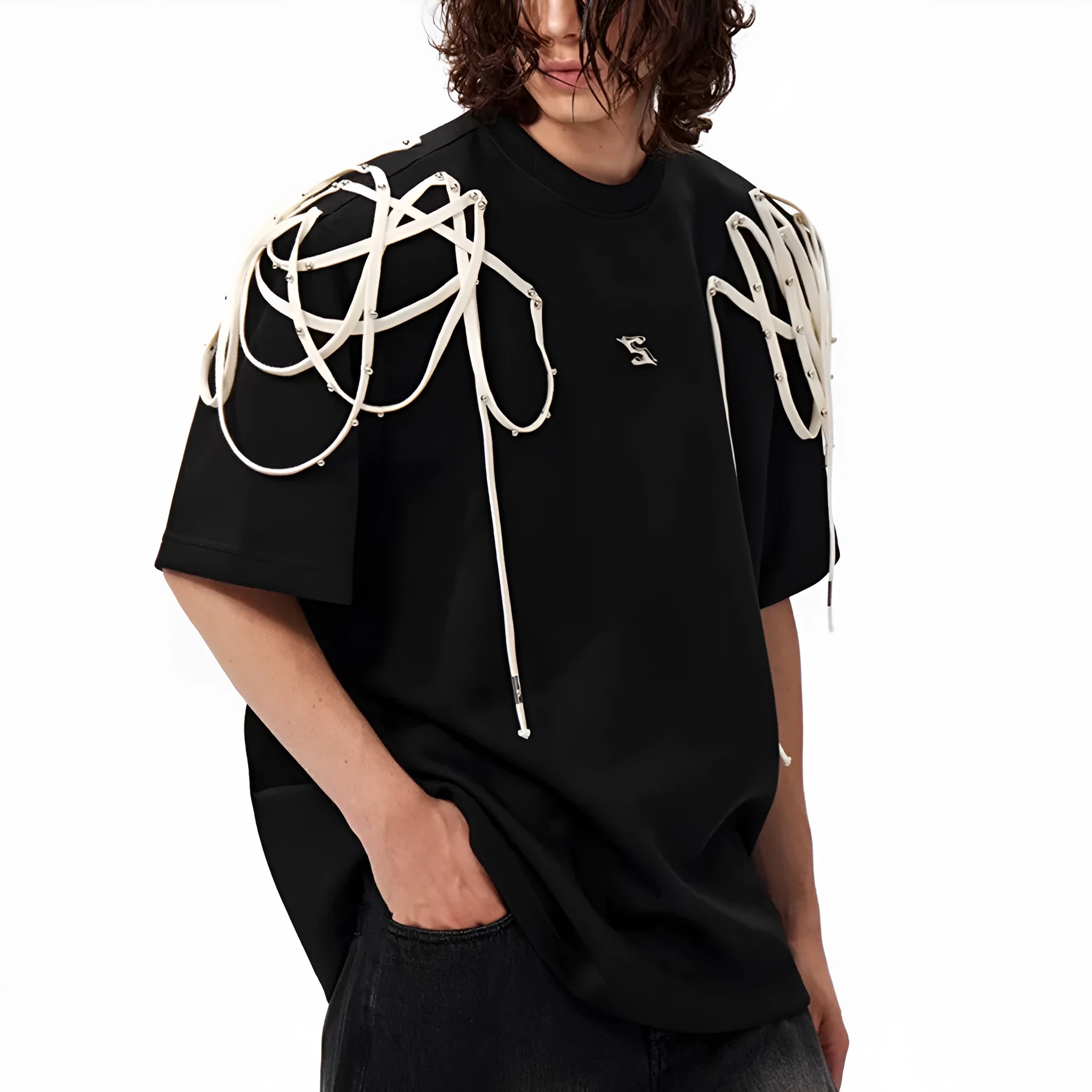 Black loose fit T-shirt with rivet ribbon padded shoulders and short sleeves