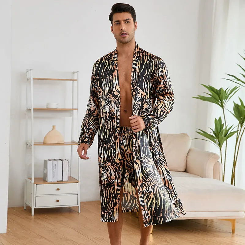 Men's tiger pattern rayon bathrobe set with long sleeves and matching shorts
