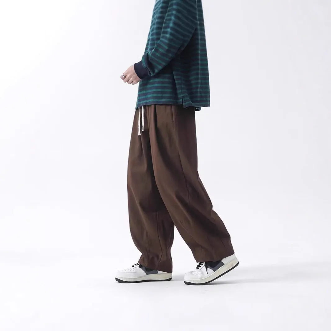 Cotton men's loose wide leg pants in black, straight leg cut with drawstring waist, mid-rise, size M to 8XL