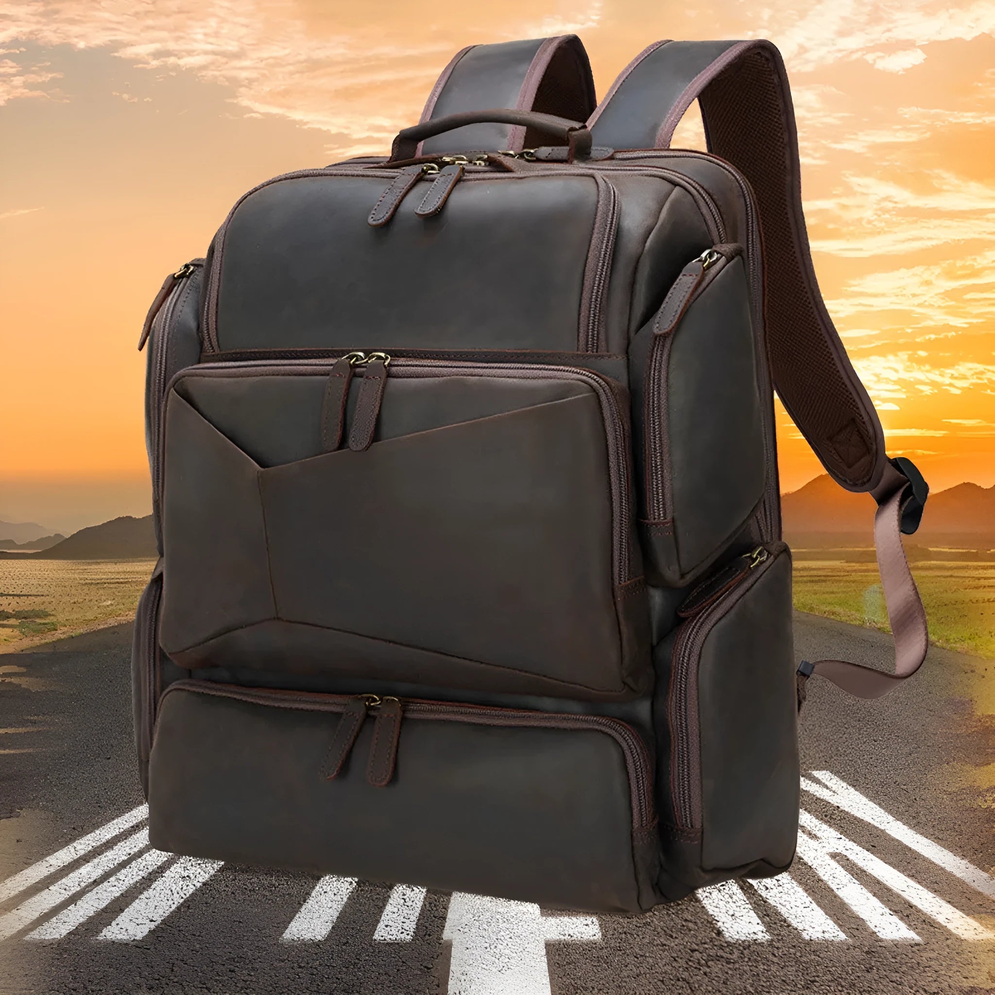 Dark brown retro leather backpack for men with a 17-inch laptop compartment open.
