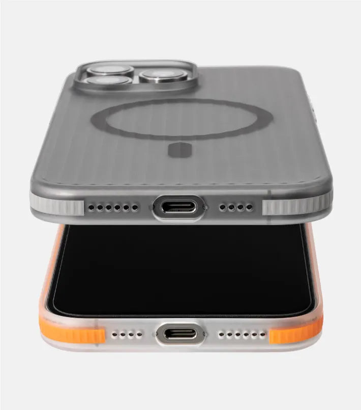 Transparent black magnetic phone case with striped anti-slip bar for iPhone 13, 14, 15 models.