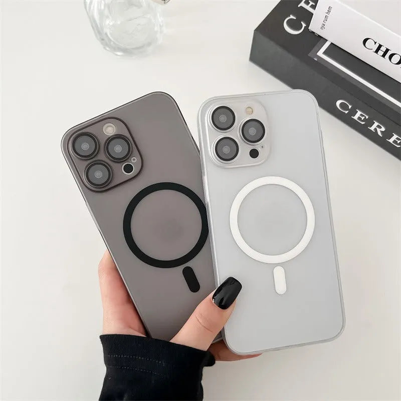 Ultra-thin magnetic frosted phone case for iPhone in ice mist white, showing all-inclusive bumper design