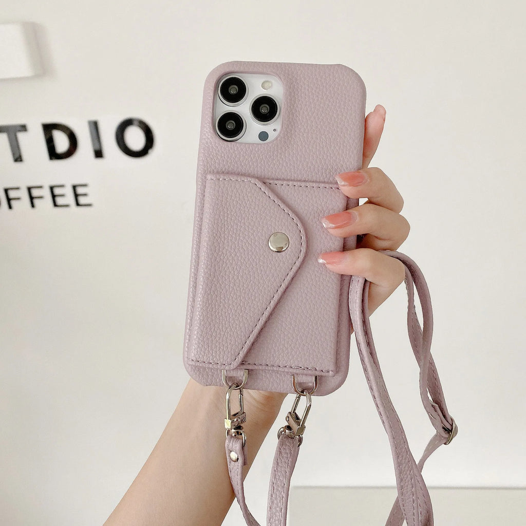 Crossbody phone case with card holder and lanyard for iPhone, lychee pattern PC leather, multiple colours
