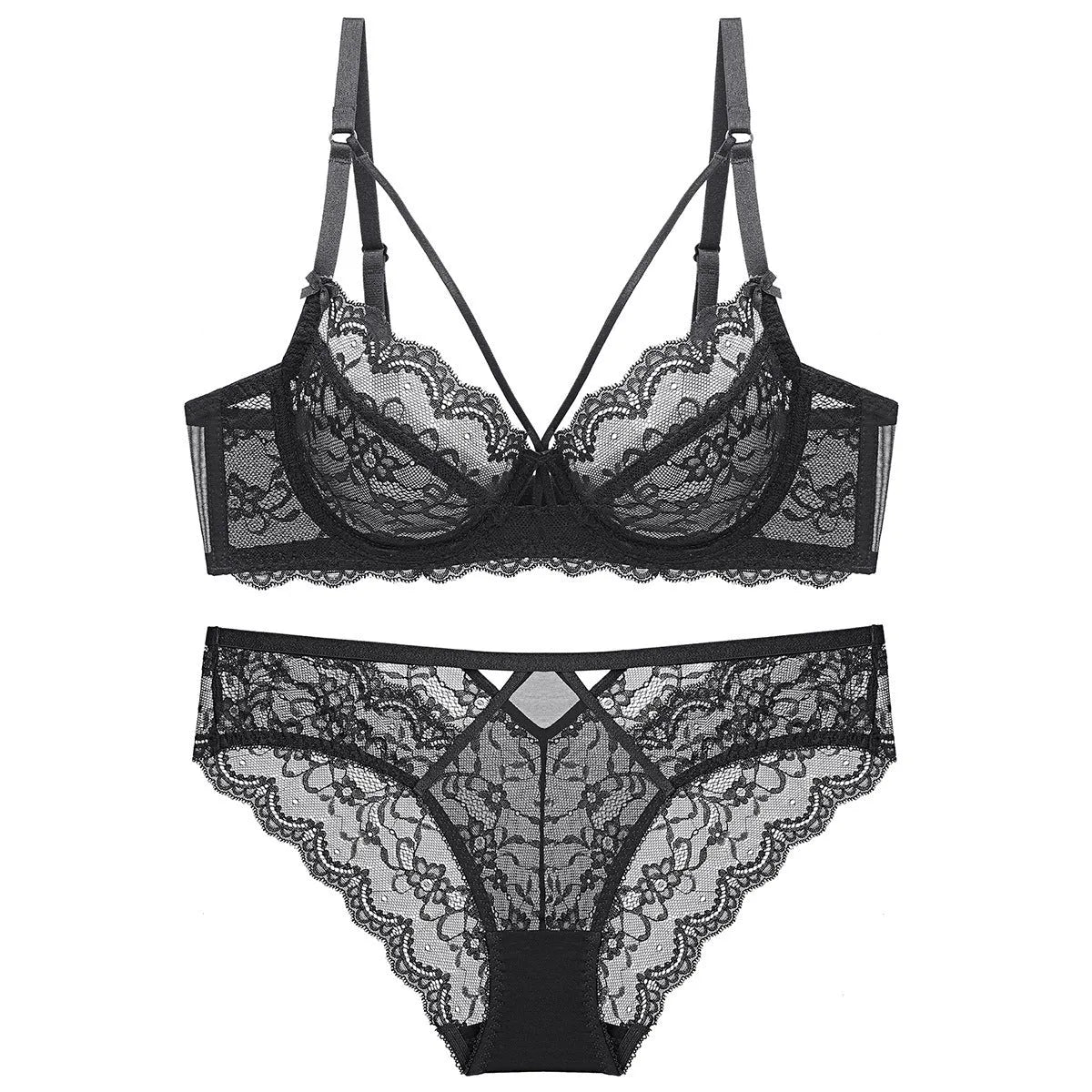 Ladies nylon bra and underwear set, ultra-thin 3/4 cup, fixed double strap, white pink green black, sizes 70A-95D