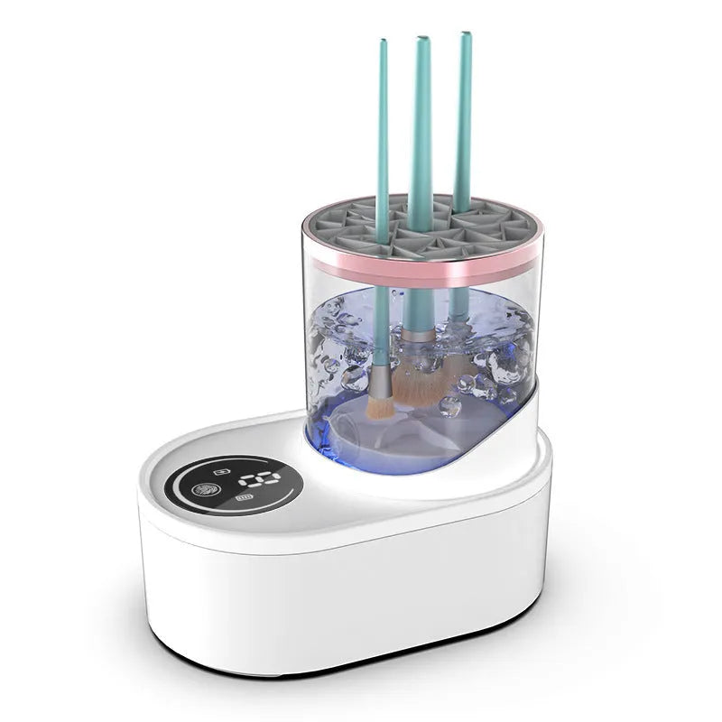 Electric makeup brush cleaner with drying chamber showing brushes inside cleaning device