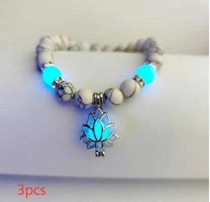 Luminous lotus charm bracelet with mesmerizing glow-in-the-dark beads, made of premium alloy and turquoise fluorescent stone