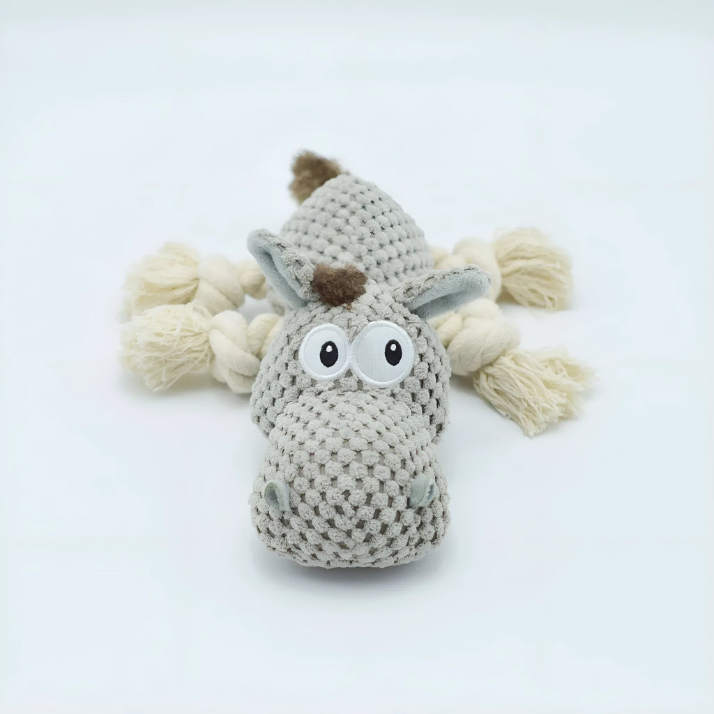 Grey donkey-shaped plush dog toy with cloth velvet texture and creak sound mechanism