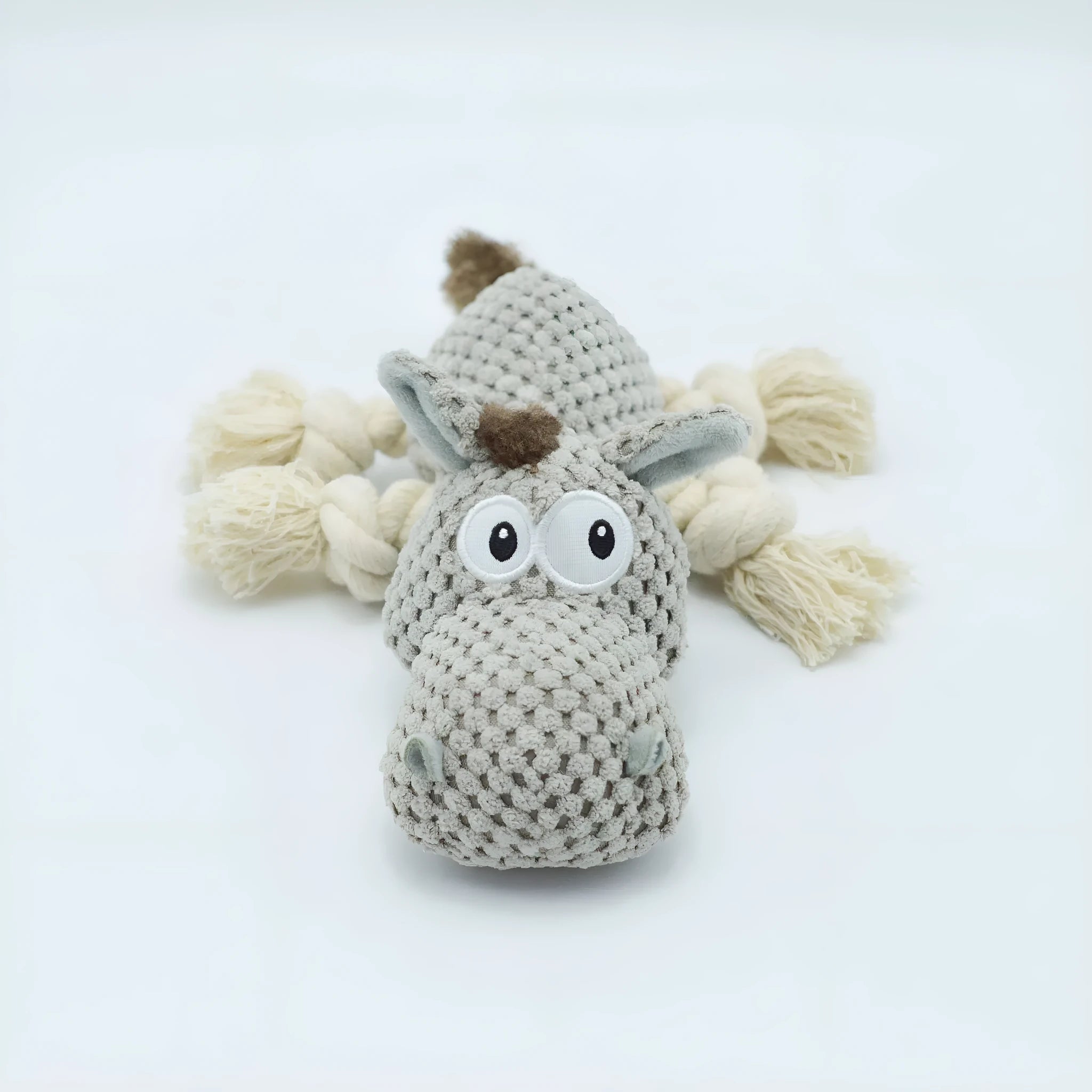 Grey donkey-shaped plush dog toy with cloth velvet texture and creak sound mechanism