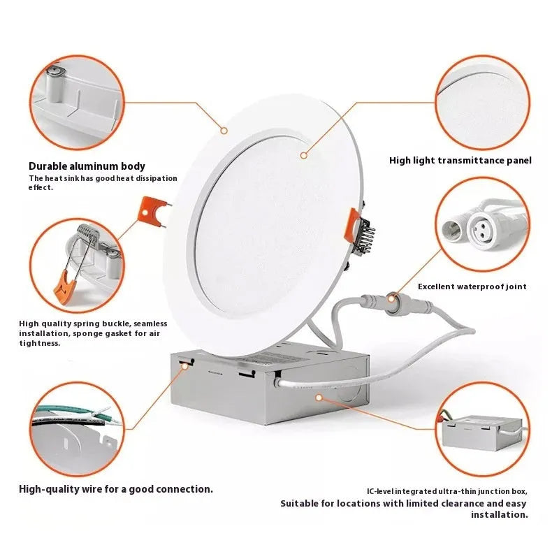 Round aluminium panel light with dimmable 3CCT 5CCT colour modes for ceiling installation