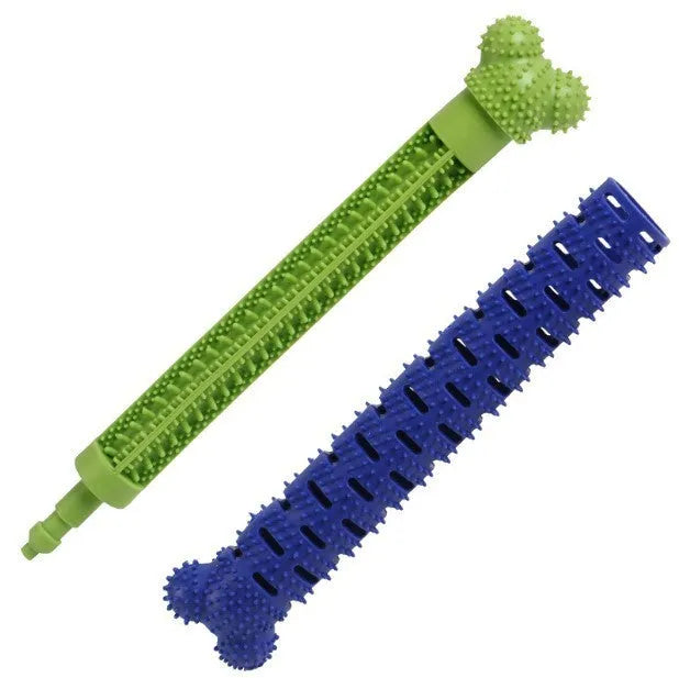 Blue-green molar-shaped dog dental chew toy with silicone bristles for teeth cleaning