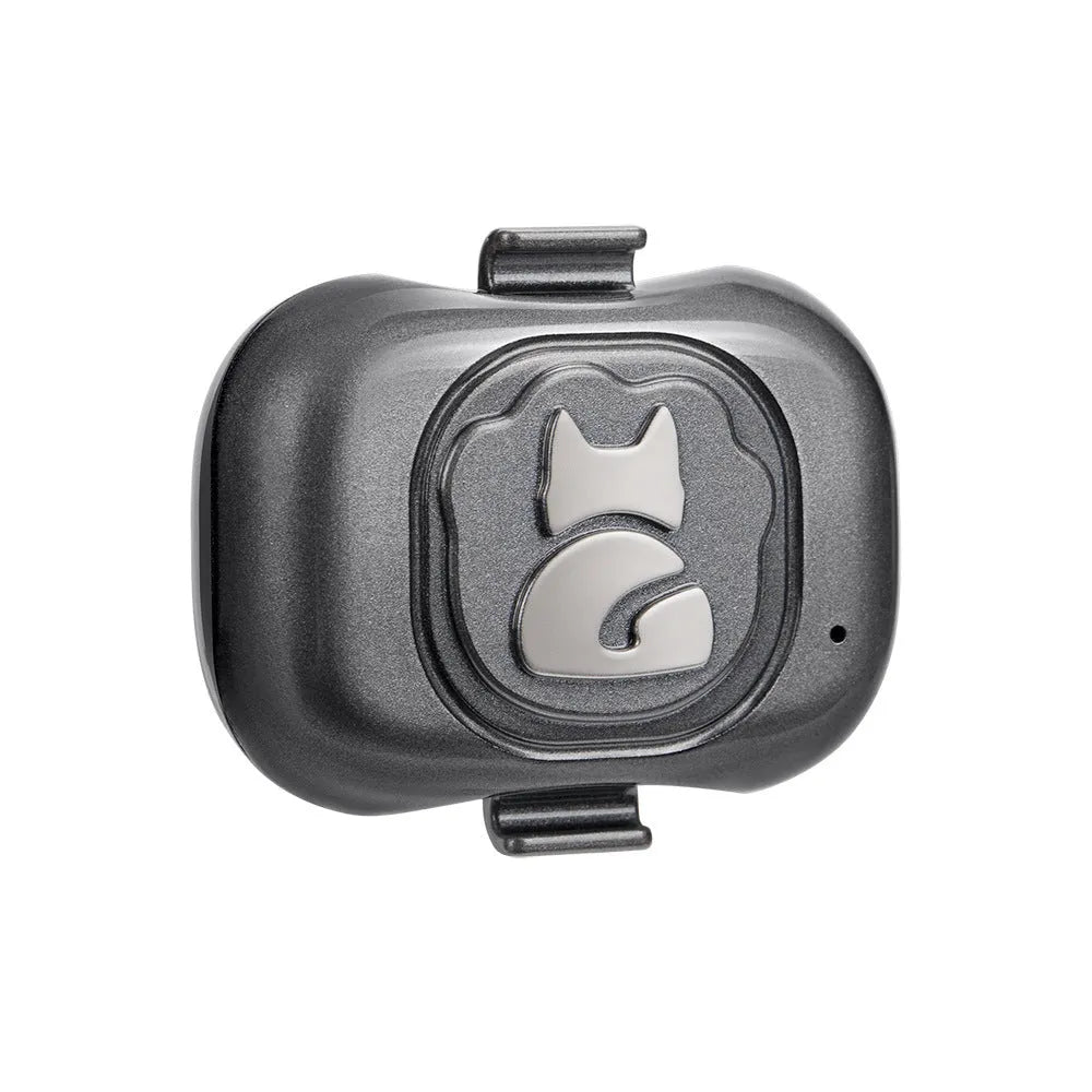 Black pet GPS tracker with hanging rope for dog or cat collar attachment